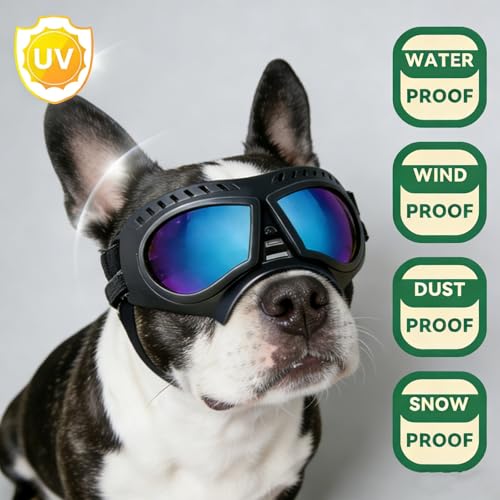 Namsan Dog Goggles Small Breed, Wide Snout & Soft Frame, Tactical Driving Sunglasses for Dogs Small to Medium Breed, Anti-UV Dog Eye Protection, Windproof Dustproof, Adjustable, Blue Lens - color: (Small)Blue Lens