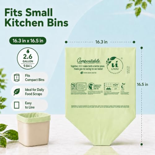 UNNI Compostable Trash Bags, 2.6 Gallon / 9.84 Liter, 100 Count, Extra Thick 0.71 Mil Small Kitchen Food Scrap Bin Liners, Certified by BPI, CMA & OK compost HOME, Meets the ASTM D6400 Standard - size: 100 Count (Pack of 1), style: 2.6 Gallon
