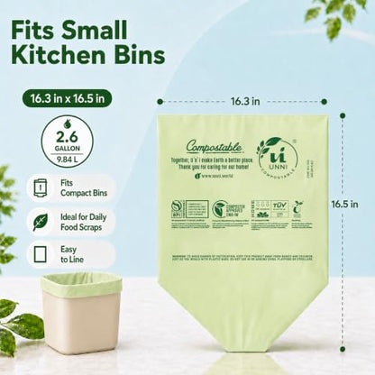 UNNI Compostable Trash Bags, 2.6 Gallon / 9.84 Liter, 600 Count Value Pack, Extra Thick 0.71 Mil Compost Bin Liners for Kitchen Food Scrap, Certified by BPI, CMA & OK compost HOME, Meets ASTM D6400 - size: 600 Count (Pack of 1), style: 2.6 Gallon