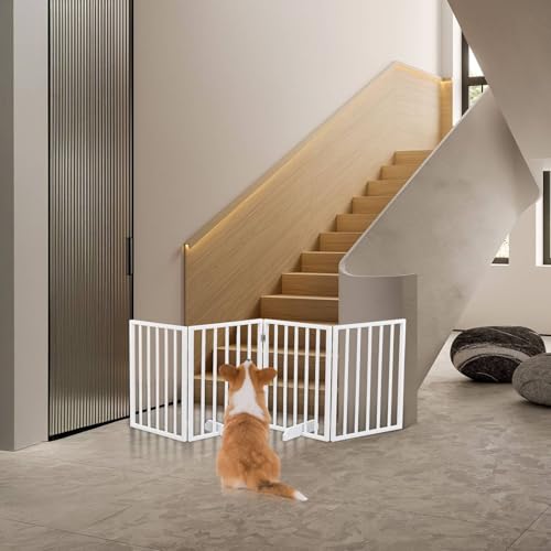 24" Tall Wooden Dog Gates, 4 Panels Pet Fences Indoor, Freestanding Foldable Pet Gates Wide Dog Barrier Set of Support Feet Included, for Stairs, House, Doorway 72''x24'' (White) - size: 24in White