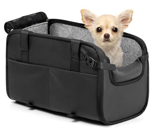 YUDODO 2-12lbs Center Console Dog Car Seat, Anti-Slip Pet Cat Booster Seat for Small Dogs, Portable Puppy Bed Carseat Carrier PU Leather Black - color: Black, size: M (2-12lbs)