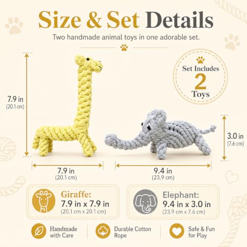 ADUCK Puppy Dog Rope Toy for Teeth Cleaning, Chew-Proof Dental Care & Interactive Training Reward | Durable Cotton Gray Elephant & Yellow Giraffe for Small & Medium Dogs - color: Elephant and Giraffe