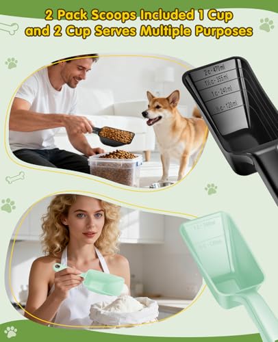 2 Pack Dog Food Scoop with 1 Cup and 2 Cup Capacity, Plastic Pet Food Measuring Scoops with Clear Measurement Lines for Dogs, Cats & More,Dishwasher safe (Green and Black) - color: Green and Black