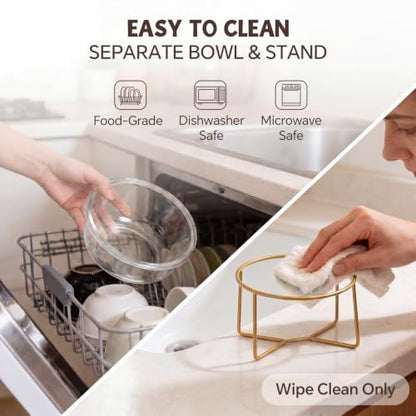 Large Glass Tilted Elevated Cat Dog Bowl Raised Cat Food Water Bowl Dish Pet Comfort Feeding Bowls with Gold Iron Stand - color: Glass, size: Large