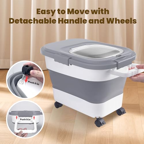 HOYTAMDA 20-30Lbs Rice Container,Collapsible Airtight Food Storage Containers with Wheels,Handle,Rice Storage Container with Small Bin and Scoop,Rice Dispenser for Flour Sugar Cereal Grain Dog Cat - color: Grey-20/30lbs