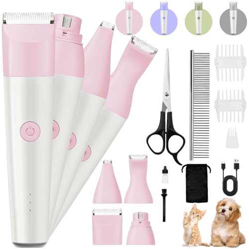 Dog Clippers Grooming Kit, 4 in 1 Quiet Cordless Dog Paw Trimmer & Nail Grinder, Small Cat Clippers Electric Rechargeable Low Noise Pet Shaver for Trimming Hair on Paw Eye Ear Face Rump (Pink) - color: Pink