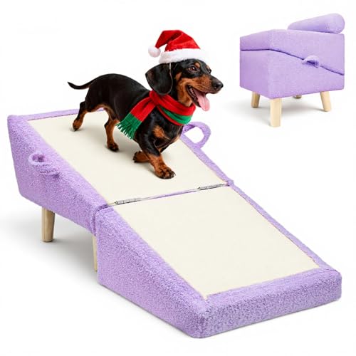 Dog Ramp for Small Dogs and Cats – 2-in-1 Dog Ramp for Couch and Low Bed, 16.5'' Foldable Wooden Pet Ramp, Sturdy Multi-Use Split Ottoman Design, Light Purple - color: Light Purple
