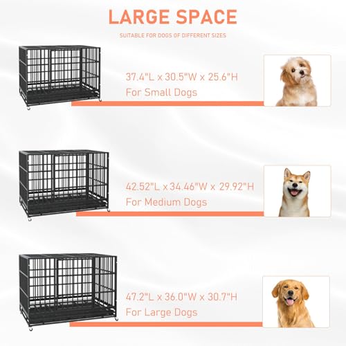 LEMBERI 42 Inch Heavy Duty Indestructible Dog Crate, High Capacity Escape Proof Double Door Kennel with Lockable Wheels, 35" Tall Medium Dog Cage with 0.8" Steel Tubes, Removable Tray, Black - color: Black, size: 42.5"L x 29.9"W x 34.5"H