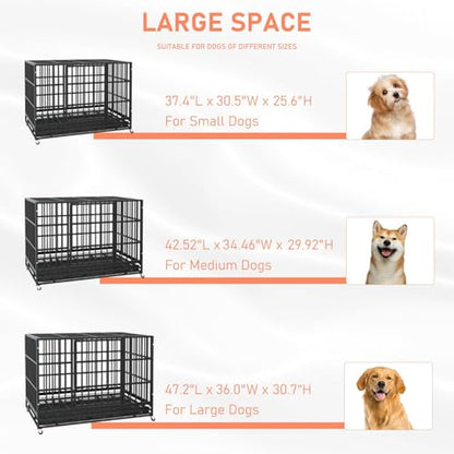 LEMBERI 42 Inch Heavy Duty Indestructible Dog Crate, High Capacity Escape Proof Double Door Kennel with Lockable Wheels, 35" Tall Medium Dog Cage with 0.8" Steel Tubes, Removable Tray, Black - color: Black, size: 42.5"L x 29.9"W x 34.5"H