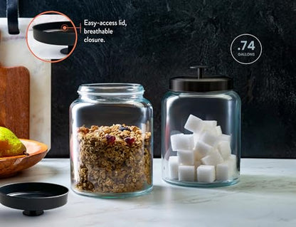 KooK Glass Kitchen Canister Set, Food & Storage Containers for Pantry, Bathroom Apothecary Jars, Tinplate Lids, Counter Organizers, 0.74 Gallon, Black, Set of 2 - color: Medium, Black Lid