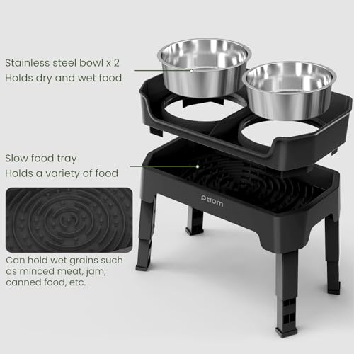 3-in-1 Elevated Dog Bowls Mess Proof Raised Slow Feeder Dog Bowls, 4 Height Adjustable Dog Bowl Stand Licking Plate with 2 56oz Stainless Steel Dog Food Bowls for Small Medium Large Dogs Pets - color: Black, size: 2 Stainless Steel Bowls + Slow Feeder