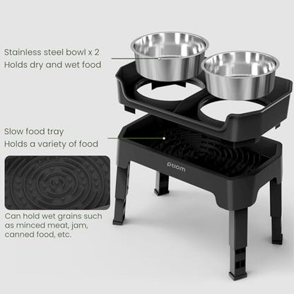 3-in-1 Elevated Dog Bowls Mess Proof Raised Slow Feeder Dog Bowls, 4 Height Adjustable Dog Bowl Stand Licking Plate with 2 56oz Stainless Steel Dog Food Bowls for Small Medium Large Dogs Pets - color: Black, size: 2 Stainless Steel Bowls + Slow Feeder