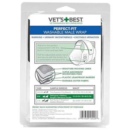 Vet's Best Washable Male Dog Wrap, XX-Small/X-Small, Waist 10"-17" - size: XXS/XS