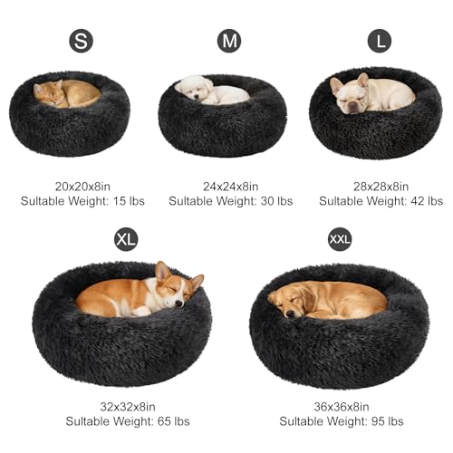 Dog Calming Beds for Medium Large Dogs - Round Donut Washable Puppy Dog Bed, Anti-Slip Faux Fur Fluffy Donut Cuddle Anxiety Cat Pet Bed(28'' Black) - color: Black, size: 28"L x 28"W x 8"Th