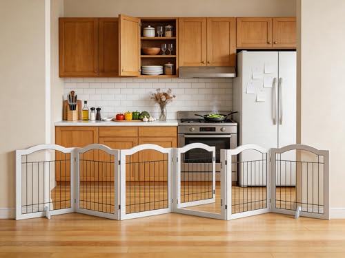 Vantas 144 x 30 inches Foldable Wooden Pet Gate with Door, White | Walk-Through Easy, Freestanding, Extra Wide, Easy Storage, Easy to Move - color: White, size: 【6-Panel with Door】144"W x 30"H