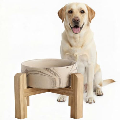 hjn Elevated Ceramic Dog Bowl with Bamboo Stand, Raised Pet Feeding Station for Small Medium Dogs Cats, Modern Design with Anti-Slip Base (Marble Brown, 7.6Cup) - color: Marble Brown, size: 7.6Cup
