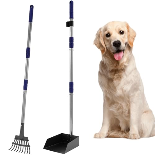 Pooper Scooper Metal Scooper Tray and Rake Set with 3 Stainless Steel Long Handle Removable Dog Pooper Scooper Multifunctional Poop Scoop Set for Pet Waste Removal on Grass and Gravel