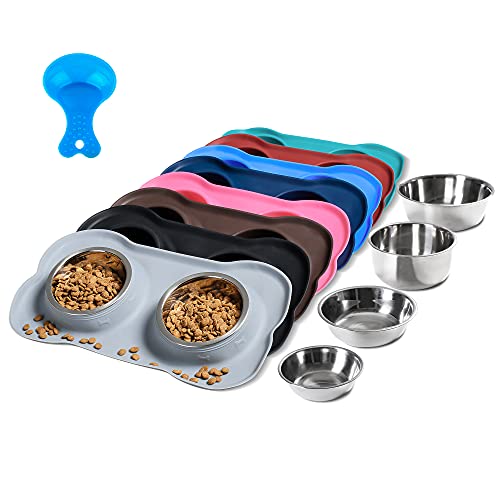Hubulk Pet Dog Bowls 2 Stainless Steel with No Spill Non-Skid Silicone Mat + Pet Food Scoop Water and Food Feeder Bowls for Feeding Small Medium Large Dogs Cats Puppies ( Gray) - color: Gray, size: Small