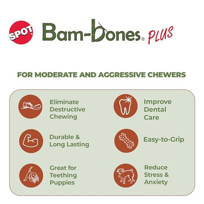 SPOT Bam-Bones Plus Triple Chew - Bamboo Fiber & Nylon, Durable Long Lasting Dog Toy for Aggressive Chewers – Great for Adult Dogs & Teething Puppies Under 30lbs, Non-Splintering, 4in, Bison Flavor - size: 4 in (2-Pack)