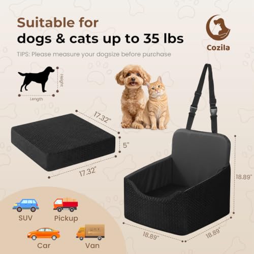 Dog Car Seat for Small/Medium Dogs Up to 35 lbs, 5in Booster Car Seat Cushion, Fully Detachable and Washable, with Safety Belt and Anti-Slip Base, Black - color: Black