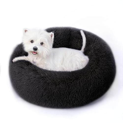Calming Round Dog Bed & Cat Bed with Anti-Slip Bottom, Medium Size Washable Anti-Anxiety Donut Dog Beds for Small Dogs & Cats, Fluffy Plush Soft Dog Bed(24 Inch, Black) - color: Black, size: 24"l x 24"w x 8"th