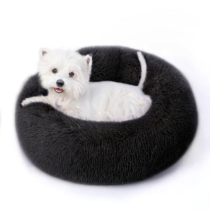 Calming Round Dog Bed & Cat Bed with Anti-Slip Bottom, Medium Size Washable Anti-Anxiety Donut Dog Beds for Small Dogs & Cats, Fluffy Plush Soft Dog Bed(24 Inch, Black) - color: Black, size: 24"l x 24"w x 8"th