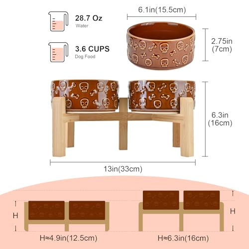 SPUNKYJUNKY Elevated Dog Bowls Ceramic, 6.1'' Dogs and Cat Food Water Bowls Raised with Non-Slip Bamboo Stand for Medium Sized Breed Microwave Dishwasher Safe - 28.7 OZ,Skull Bronze - color: Bronze - Skull, size: 6.1 in - 3.6 cups