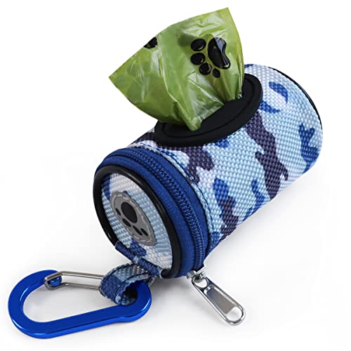 FURHAB Dog Poop Bag Holder for Leash Doggie Waste Bag Dispenser Puppy Potty Carrier Small Doggy Zipper Pouch with Carabiner Clip 1680D Nylon Oxford with 1 Roll of Pet Trash Bags, Sky Blue Camo - color: Sky Blue Camo
