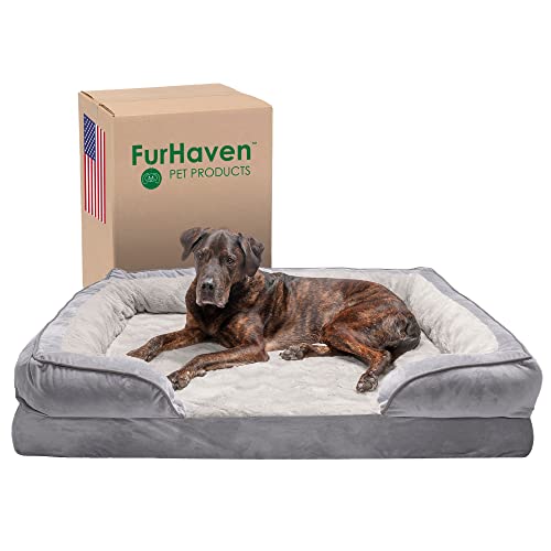 Furhaven Orthopedic Dog Bed for Large Dogs w/ Removable Bolsters & Washable Cover, For Dogs Up to 125 lbs - Plush & Velvet Waves Perfect Comfort Sofa - Granite Gray, Jumbo Plus/XXL - color: Granite Gray, size: Jumbo Plus
