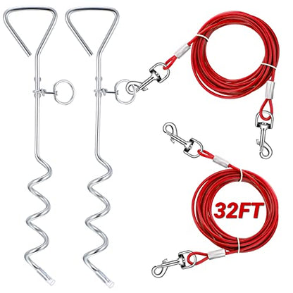 Amylove 2 Set Dog Tie Out Cable and Stake 32ft Leash Chain 16" Spiral Stake Heavy Duty Leash and Stakes for Outside Yard Camping Beach for Medium to Large Dogs up to 125 Lbs(Red) - color: Red