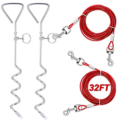 Amylove 2 Set Dog Tie Out Cable and Stake 32ft Leash Chain 16" Spiral Stake Heavy Duty Leash and Stakes for Outside Yard Camping Beach for Medium to Large Dogs up to 125 Lbs(Red) - color: Red