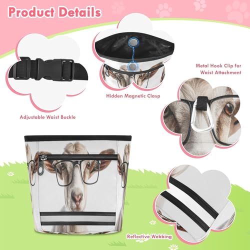 Goat Dog Treat Pouch for Training, Waterproof Puppy Snack Bag with Reflective Strip and Magnetic Closure, Adjustable Waist, Outdoor Dog Walking & Hiking