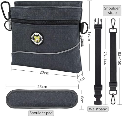 Viklluyr Dog Treat Pouch with Magnetic Closure, 2 Zip Pockets, Removable Inner Pocket, Padded Shoulder Strap, Perfect Food Bag for Agility Training - Including Carabiner - color: Black, size: L
