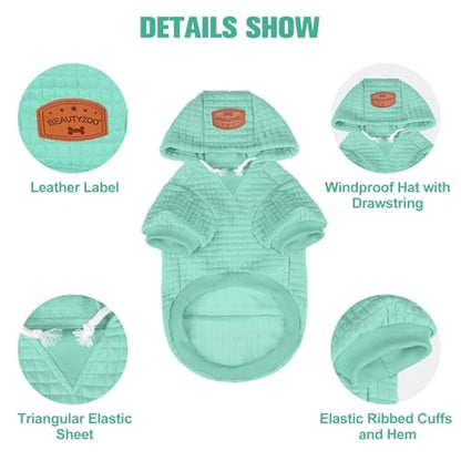 BEAUTYZOO Small Dog Hoodie Sweater with Pockets, Dog Clothes for Small Medium Dogs Boy Girl, Waffle-Like Laminated Cotton Pet Coats with Hat and Leash Hole, Mint Green XXS - color: Mint Green, size: XXS (Back: 8",Chest: 10", Neck: 7.5")