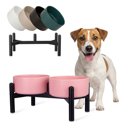 Raised Ceramic Dog Bowl Set - Elevated Double Dishes with Stainless Steel Stand - Food and Water Bowls for Small to Medium Dogs - Each Holds 3.5 Cups (29.57 fl oz) - Pink - color: Pink, size: 2 Bowls - 3.5 Cups Each