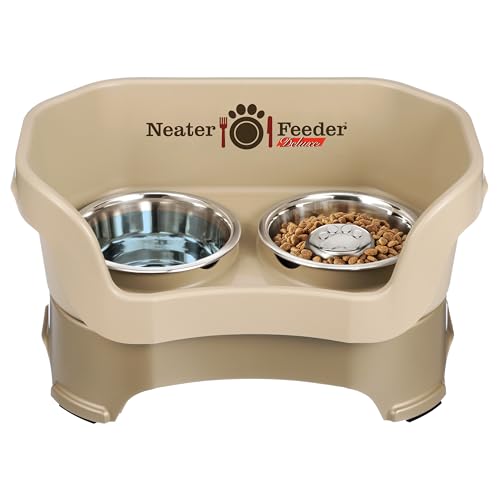 Neater Feeder Deluxe Mess Proof Dog Bowls Elevated for Medium Sized Breeds – Made in USA – No Spill Raised Slow Feeder Elevated Dog Bowl Stand, Stainless Steel Food and Water Bowl Set, Cappuccino - color: Cappuccino, size: Medium with Slow Feed Bowl