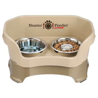 Neater Feeder Deluxe Mess Proof Dog Bowls Elevated for Medium Sized Breeds – Made in USA – No Spill Raised Slow Feeder Elevated Dog Bowl Stand, Stainless Steel Food and Water Bowl Set, Cappuccino - color: Cappuccino, size: Medium with Slow Feed Bowl