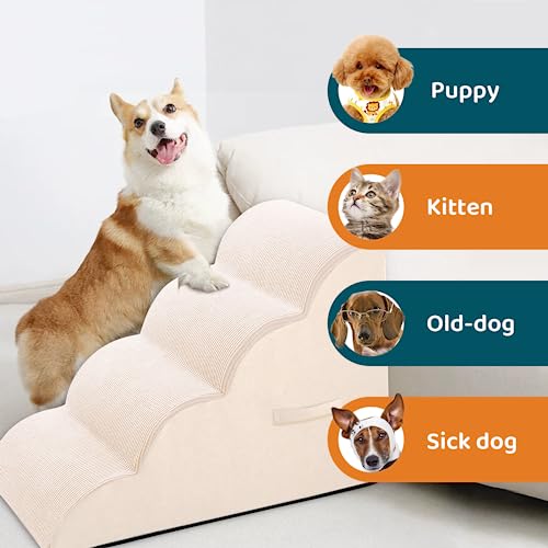 Steps for Small Dog, Dog Stairs for High Beds and Couch, 20" 4-Step High Density Foam Pet Stairs for Dogs Injured, Older Dogs Cats, Pet with Joint Pain (Beige) - size: 4-Steps
