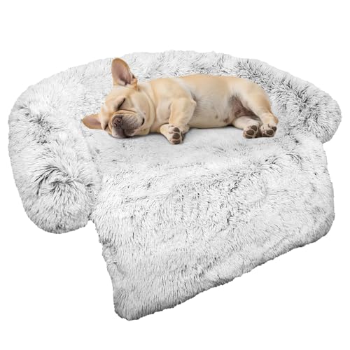 Calming Dog Bed Fluffy Plush Dog Mat for Furniture Protector with Removable Washable Cover for Large Medium Small Dogs and Cats (Small(35x31x5), Light Grey) - color: Light Grey, size: 35.0"L x 31.0"W x 5.0"Th
