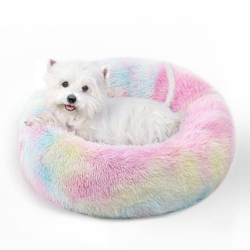 Calming Round Dog Bed & Cat Bed with Anti-Slip Bottom, Medium Size Washable Anti-Anxiety Donut Dog Beds for Small Dogs & Cats, Fluffy Plush Soft Dog Bed(24 Inch, Rainbow) - color: Rainbow, size: 24"l x 24"w x 8"th