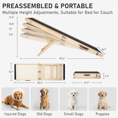 Wooden Dog Ramp for Couch High Bed, Non Slip Pet Ramps for Small Dogs and Cat with 4 Adjustable Height from 9.84'' to 17.91'', Portable 40'' Long Foldable Ramp for Dogs to Get on Bed Car - size: 100CM Long