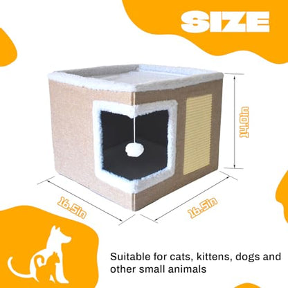 Cat Bed for Indoor Cats Cube House,Large Covered Cat Beds Cave & Furniture with Fluffy Ball and Scratch Pad Foldable Hideaway Nest & Condo with Washable Mat for Kitten Kitty Small Pet(Beige)
