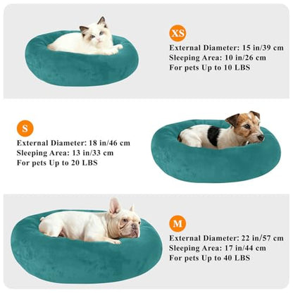 Plain Dark Teal Green Solid Color Calming Dog Bed for Cats & Small Medium Dogs, Washable Plush Round Donut Pet Bed with Soft Raised Rim, 13 inches Warm Anti-Slip Cushio - size: 13 inch