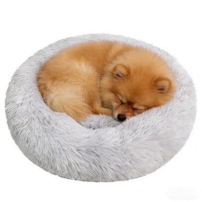 Calming Donut Dog Beds for Small Dogs Kitten - Washable Removable Cover Non-Slip Bottom, Round Pet Bed Puppy Bed Warming Fluffy Faux Fur Anti-Anxiety, Fits up to 15 lbs (Light Grey, 20") - color: Light Grey, size: 20"L x 20"W x 8"Th