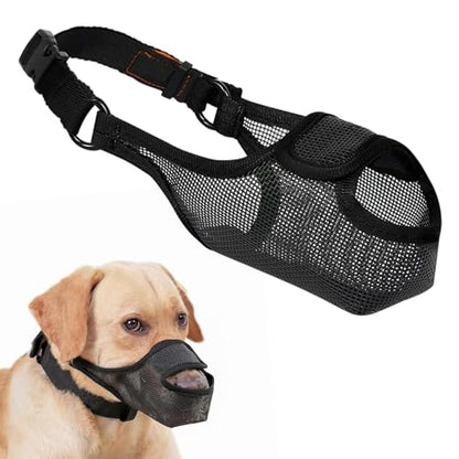 LUCKYPAW Dog Muzzle, Patented Mesh Muzzle for Large Medium Small Dogs Allows Full Pant Drinking Mouth Cover to Prevent Biting Chewing Scavenging Adjustable Breathable Mouth Guard(Black,XXL) - size: XXL-Snout:12.25-13.75"