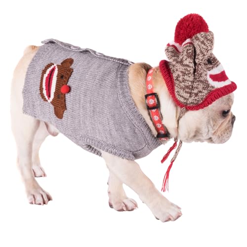 THE WORTHY DOG Sock Monkey Sleeveless Cardigan Dog Sweater – Warm Pullover Dog Clothes with Faux Pockets & Buttons, Heathered Knit - Gray, Large - color: Sock Monkey - Gray, size: Large