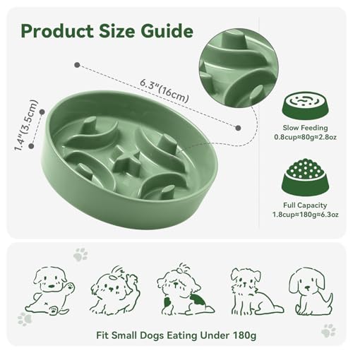 Ceramic Slow Feeder Dog Bowl, 0.8 Cups Anti -Slip Slow Feeding Bowl to Slow Down Eating, 6.3 Inch Dog Food Dish for Small Breeds, Green - color: Green, size: Small