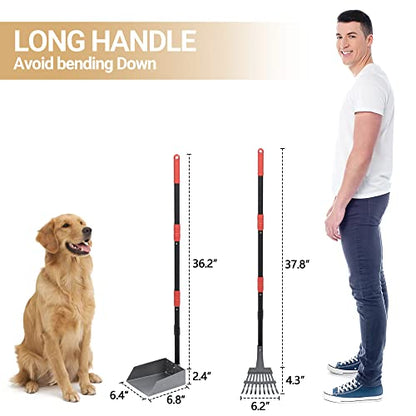 Heeyoo Dog Pooper Scooper, Dog Poop Tray and Rake Set, Pet Waste Removal Scoop with Long Adjustable Sectional Stainless Handles - color: Black/Red