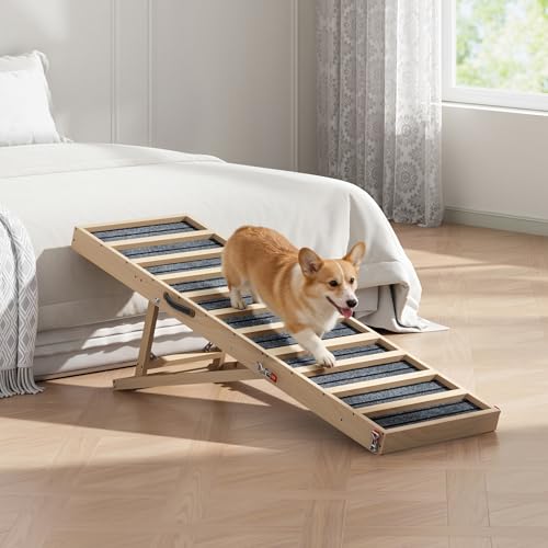 Dog Ramp for Bed, Couch, Car-55 L Gentle Slope Folding Pet Ramp with Non-Slip Surface and Metal Reinforced-High Traction,4 Adjustable Heights 18"-25", Supports 176lbs for Small Medium Large Dogs - size: 55"L