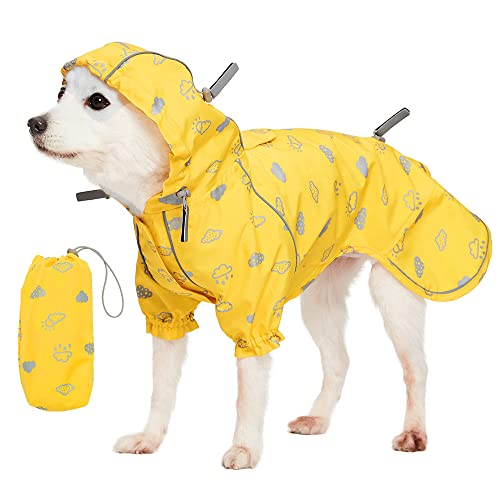 Blueberry Pet 12" Reflective Cloud Prints Lightweight Waterproof Dog Raincoat with Hood & Harness Hole, Sunflower Yellow, Outdoor Rain Gear Jacket 2 Legs for Dogs - color: 2-legged - Yellow, Reflective Cloud Prints, size: 12 Inch